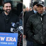 Eric Adams, prefeito de Nova York, vestindo uma jaqueta preta e um boné preto onde se lê