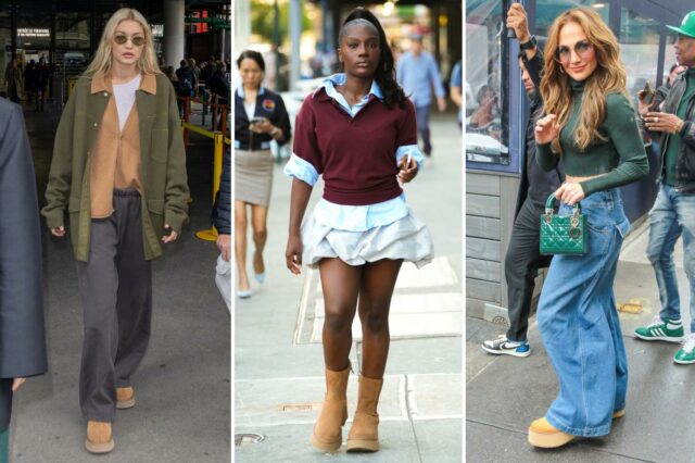 Chinelo UGG verde oliva com sola marrom claro.