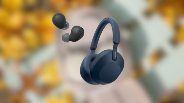 Fones de ouvido e fones de ouvido Sony com fundo desfocado