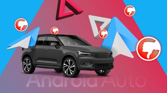 Esses problemas do Android Auto tornam meu trajeto mais difícil Painel do carro exibindo a navegação do Android Auto na tela central, com o mascote do Android ao lado dele, cercado por ícones flutuantes do Android Auto.