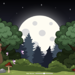 Uma captura de tela de Silent Forest apresentando uma floresta animada com um urso e um gato. Está sendo executado no Safari em um Mac.