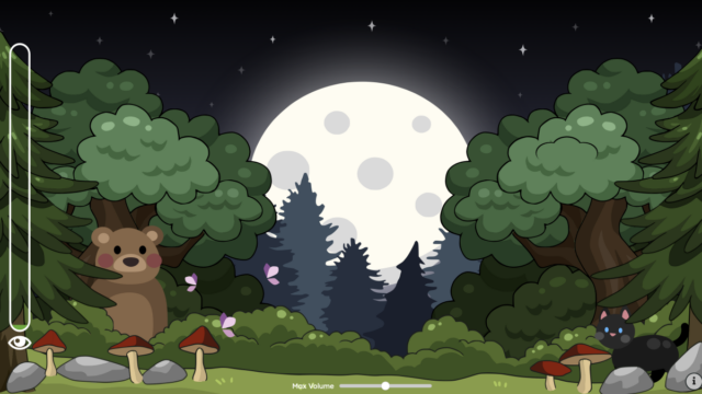 Esses sites adequados para crianças dão um toque moderno ao Uma captura de tela de Silent Forest apresentando uma floresta animada com um urso e um gato. Está sendo executado no Safari em um Mac.