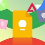 Ícones flutuantes do Google Keep cercados por estrelas de Gêmeos em um fundo gradiente colorido de azul a roxo.