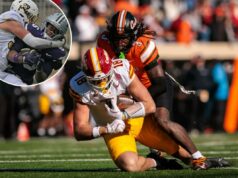 Estado de Kansas e estado de Iowa multados em US$ 500 mil pela Big 12, apesar do ‘momento difícil’ por optar por não participar de jogos de bowl Alexander McPherson, número 98 do Colorado, enfrentando Qua Moss, número 6 do Kansas State, em um jogo de futebol.