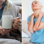Mulher segurando uma xícara de café quente enrolada em um cobertor.
