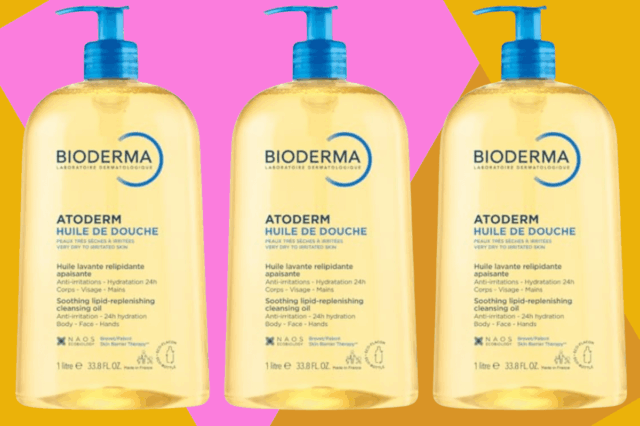 Óleo de limpeza BIODERMA Atoderm Huile De Douche em frasco de 1 litro com bomba azul.