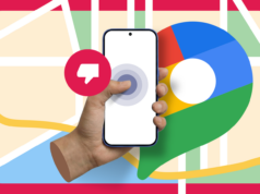 Estou cansado de como o Google Maps ainda faz com que essa coisa simples pareça difícil Uma pessoa segurando um smartphone com o logotipo do Google Maps ampliado na tela, contra um fundo de mapa estilizado com uma linha de rota de navegação azul atravessando-o.