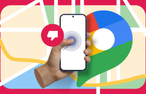 Estou cansado de como o Google Maps ainda faz com que essa coisa simples pareça difícil Uma pessoa segurando um smartphone com o logotipo do Google Maps ampliado na tela, contra um fundo de mapa estilizado com uma linha de rota de navegação azul atravessando-o.