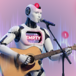 Uma mulher curtindo música com fones de ouvido, em um fundo vibrante com formas de onda, apresentando os logotipos Apple Music, Spotify, YouTube Music e Tidal, além de uma interface de reprodução flutuante.