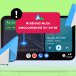 SUV azul dirigindo em uma estrada costeira com um grande logotipo do Android Auto sobreposto na imagem.