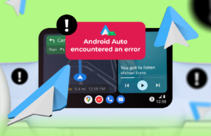 Eu não esperava que um menu secreto do Android Auto mudasse a forma como dirijo SUV azul dirigindo em uma estrada costeira com um grande logotipo do Android Auto sobreposto na imagem.