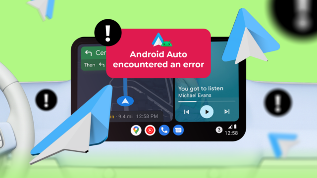 SUV azul dirigindo em uma estrada costeira com um grande logotipo do Android Auto sobreposto na imagem.