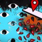 A blue background spotted with illustrated eyes, with red location markets over a phone.