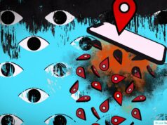 FTC mantém proibição do fundador do stalkerware, Scott Zuckerman A blue background spotted with illustrated eyes, with red location markets over a phone.