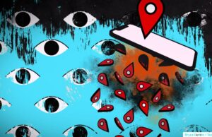 FTC mantém proibição do fundador do stalkerware, Scott Zuckerman A blue background spotted with illustrated eyes, with red location markets over a phone.