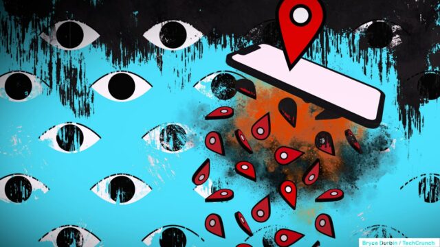 FTC mantém proibição do fundador do stalkerware, Scott Zuckerman A blue background spotted with illustrated eyes, with red location markets over a phone.