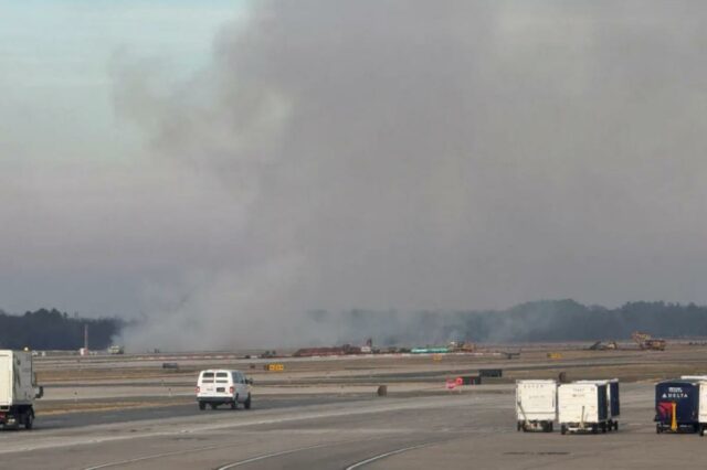 Falha no motor força voo da United Airlines com destino Fumaça subindo de um incidente na pista do Aeroporto Internacional de Dulles.