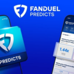 FanDuel Prevê logotipo no meio e à esquerda saindo de um celular. À direita, sobre um fundo azul, está um celular com o aplicativo de previsões de mercados aberto.