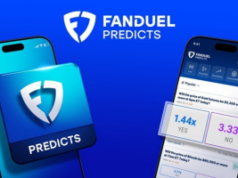 FanDuel Predicts inicia implementação nacional em fases com cinco estados FanDuel Prevê logotipo no meio e à esquerda saindo de um celular. À direita, sobre um fundo azul, está um celular com o aplicativo de previsões de mercados aberto.
