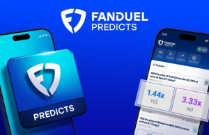 FanDuel Predicts inicia implementação nacional em fases com cinco estados FanDuel Prevê logotipo no meio e à esquerda saindo de um celular. À direita, sobre um fundo azul, está um celular com o aplicativo de previsões de mercados aberto.