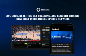 FanDuel e FanDuel Sports Network lançam rastreamento de apostas em jogos da NBA e NHL FanDuel e FanDuel Sports Network lançam rastreamento de apostas em jogos da NBA e NHL. Gráfico promocional da FanDuel Sports Network anunciando “Probabilidades ao vivo, rastreamento de apostas em tempo real e vinculação de contas agora integrados à FanDuel Sports Network”. A imagem mostra um jogo de basquete ao vivo em uma tela de TV com probabilidades de apostas e sobreposições de status de apostas, ao lado de um smartphone exibindo o aplicativo FanDuel e uma mensagem sobre como vincular uma conta FanDuel Sports Network ao FanDuel Sportsbook. Os logotipos FanDuel aparecem em um fundo azul.