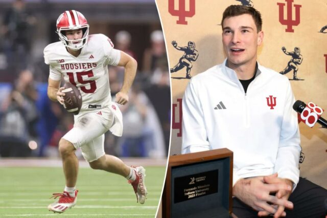 Fernando Mendoza tendo um momento em Nova York com a Fernando Mendoza levou Indiana à vitória sobre Ohio State no Big Ten Championship Game.
