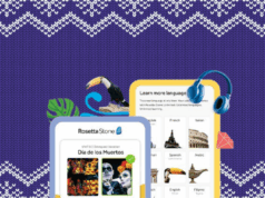Finalmente pronuncie “croissant” corretamente com a ajuda deste acordo vitalício da Rosetta Stone Anúncio da Rosetta Stone mostrando diferentes cursos de idiomas com bandeiras de países e um smartphone exibindo a interface do aplicativo.