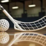 Uma fotografia detalhada em close de um taco de floorball finlandês e uma bola branca perfurada apoiada no chão polido de um ginásio.