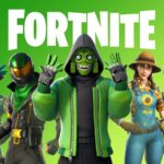 Uma tela com cinco personagens Fortnite e o logotipo Fortnite com tema e fundo verdes