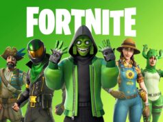 Fortnite retorna à Google Play Store Uma tela com cinco personagens Fortnite e o logotipo Fortnite com tema e fundo verdes