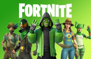 Fortnite retorna à Google Play Store Uma tela com cinco personagens Fortnite e o logotipo Fortnite com tema e fundo verdes