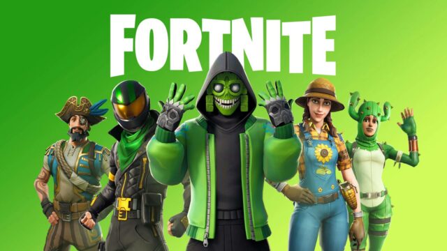 Fortnite retorna à Google Play Store Uma tela com cinco personagens Fortnite e o logotipo Fortnite com tema e fundo verdes