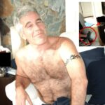 Epstein visto sem camisa com uma criança.