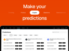 Gemini Predictions já está no ar, outro mercado de previsões entra na indústria Fundo laranja com 'Faça suas previsões' escrito em branco na metade superior da imagem. Abaixo, está uma tela aberta de um laptop com a tela Gemini Predictions mostrando diferentes perguntas. Gemini Predictions já está no ar, outro mercado de previsões entra na indústria