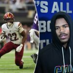 O running back do Washington Commanders, Jacory Croskey-Merritt (22), corre com a bola enquanto é perseguido pelo jogador do Minnesota Vikings, Cashman (51), durante um jogo de futebol.