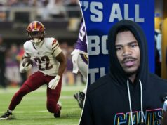 Giants vs. Commanders: visualização, previsão, o que observar na semana 15 O running back do Washington Commanders, Jacory Croskey-Merritt (22), corre com a bola enquanto é perseguido pelo jogador do Minnesota Vikings, Cashman (51), durante um jogo de futebol.