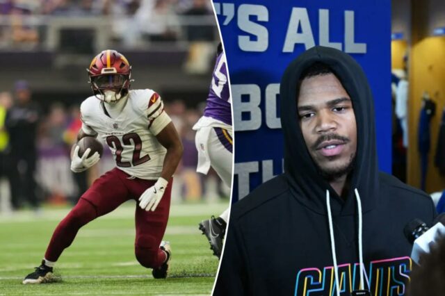 Giants vs. Commanders: visualização, previsão, o que observar na semana O running back do Washington Commanders, Jacory Croskey-Merritt (22), corre com a bola enquanto é perseguido pelo jogador do Minnesota Vikings, Cashman (51), durante um jogo de futebol.