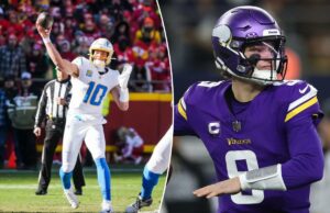 Giants x Vikings, Chargers x Cowboys: probabilidades e escolhas da semana 16 da NFL O quarterback do Los Angeles Chargers, Justin Herbert (10), passa a bola contra o Kansas City Chiefs.
