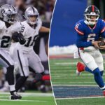 O quarterback Jaxson Dart nº 6 do New York Giants é forçado a sair do bolso e corre a bola durante o quarto período do jogo Giants e Washington Commanders em East Rutherford, NJ.