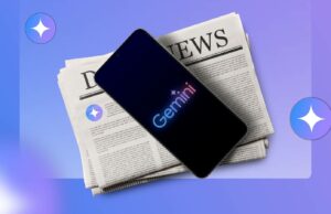 Google provoca uma grande reformulação do aplicativo Gemini Um robô com o logotipo NotebookLM na face, segurando uma lupa e uma barra do logotipo Gemini.