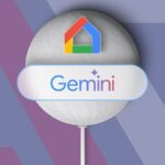 Logotipo do Google Home brilhando no centro de um fundo abstrato vermelho e azul