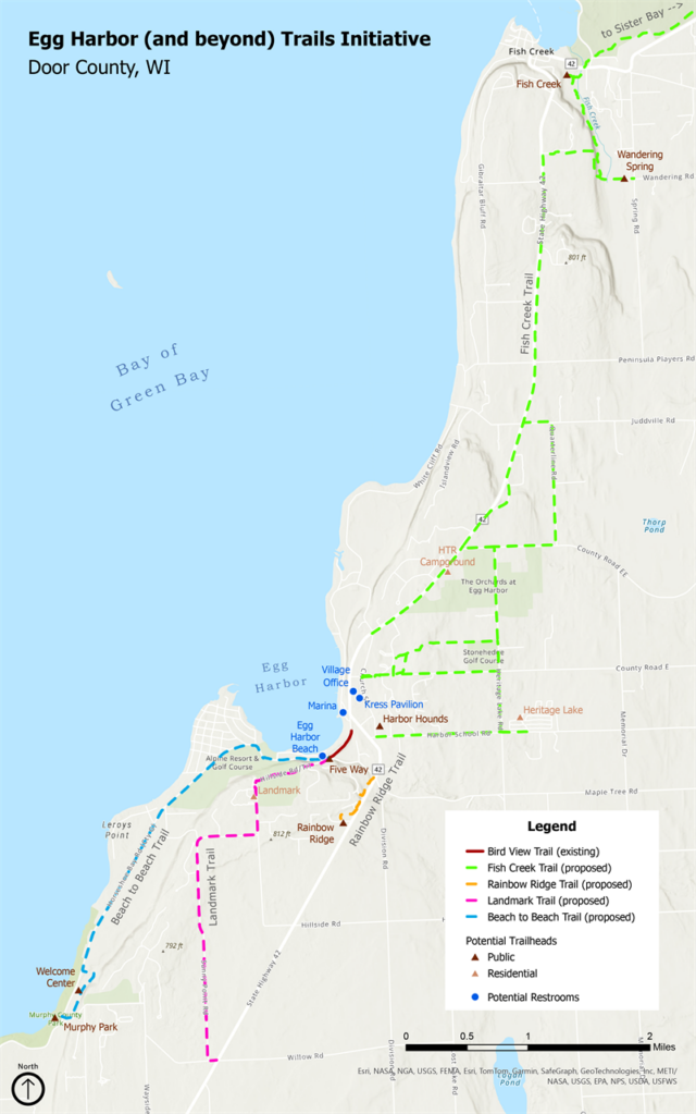 Door County Trails está coletando informações para um Plano Diretor Estratégico, e o público é convidado a participar por meio de uma pesquisa on-line ou de reuniões de divulgação comunitária. O grupo está trabalhando em uma iniciativa para criar uma rede de trilhas conectadas para pedestres e ciclistas em todo o condado, conforme proposto pela Egg Harbor (and Beyond) Trails Initiative neste mapa de 2024 para possíveis 18 milhas de trilhas de Egg Harbor a Fish Creek.