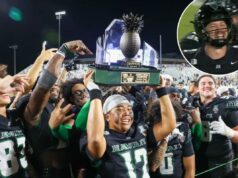 Hawaii completa retorno chocante do Hawaii Bowl sobre Cal com TD no último segundo do QB reserva – em sua primeira jogada do jogo O QB titular do Havaí, Micah Alejado (12), segura o troféu após a vitória do time no Hawai'i Bowl sobre Cal em 24 de dezembro de 2025.