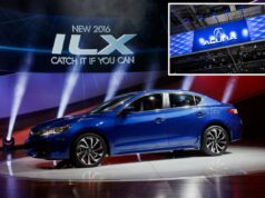Honda faz recall de mais de 70 mil veículos nos EUA devido à perda da função de freio que pode aumentar o risco de acidente Sedan 2016 Acura ILX azul em exibição em um salão do automóvel.