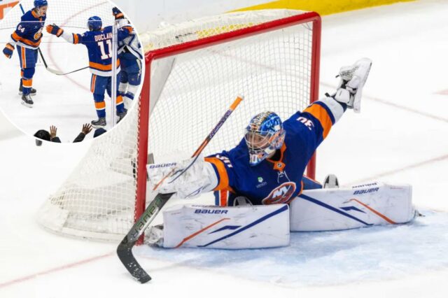 Ilya Sorokin apoia os Islanders na vitória nos pênaltis e O pivô do New York Islanders, Calum Ritchie (64), reage após marcar um gol durante o primeiro período na UBS Arena, sábado, 13 de dezembro de 2025, em Elmont, NY.