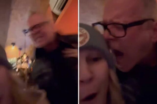 Intolerante desequilibrado capturado em vídeo soltando discurso anti-semita contra uma Max Towey de óculos de armação preta gritando com uma mulher de gorro.