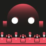 Enterprise, Employees at the computers and giant robot illustration