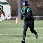 O wide receiver dos Jets, Isaiah Williams (18), corre atrás de uma recepção.