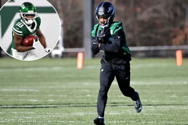 O wide receiver dos Jets, Isaiah Williams (18), corre atrás de uma recepção.