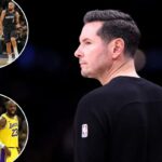 O técnico JJ Redick, do Los Angeles Lakers, observando durante um jogo.